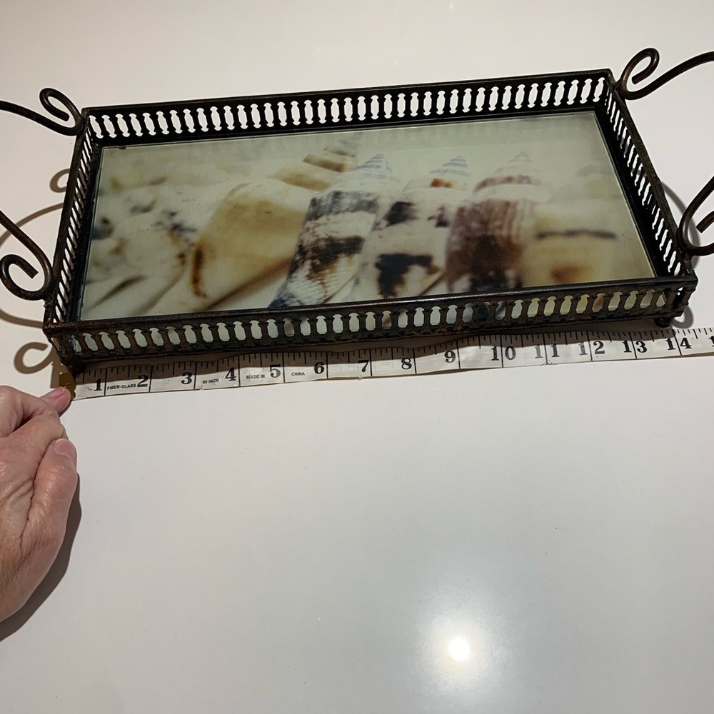 Antique Vanity Plateau Tray Shells Print Rod Iron W/Handles Perfume Jewelry Bath - Picture 7 of 9